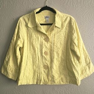 Chico's Yellow Eyelet Embroidered button-front Jacket Top 3/4 Sleeves 1